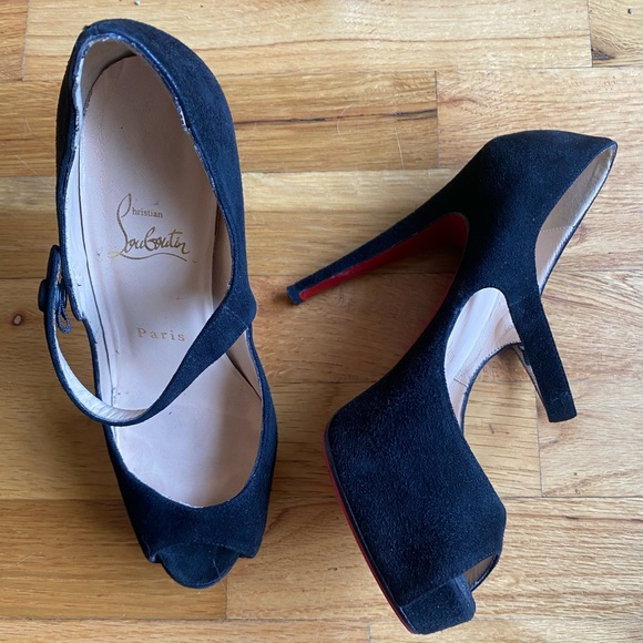 Christian Louboutin Black Suede Peep Toe Strappy Heel sz 36 - Picture 3 of 6
